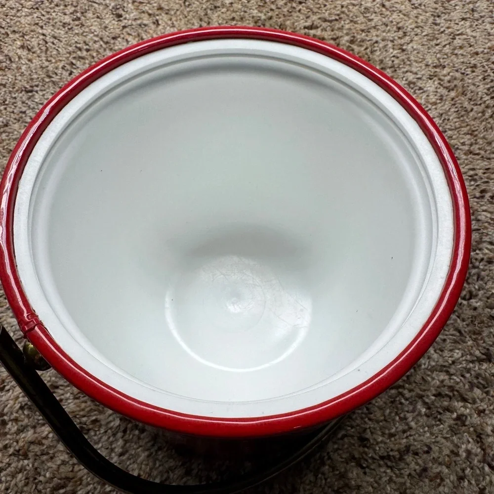 Vintage Gimbels Red Vinyl Ice Bucket Brass Handle Mid Century‎ Modern Made Italy